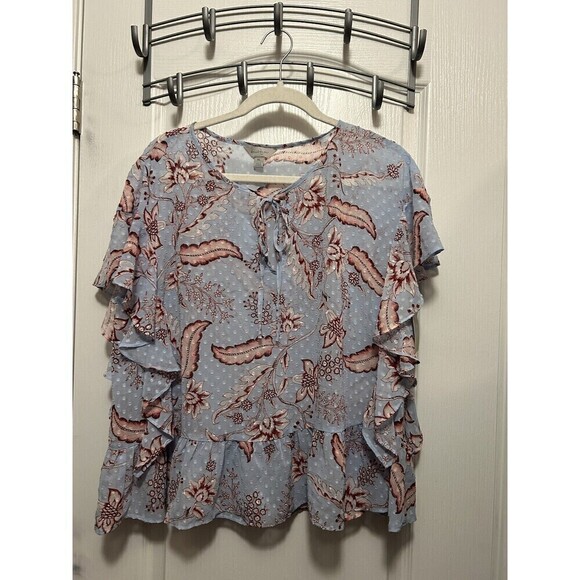 Belle & Sky Semi Sheer Blouse Floral Clip Dot Ruffle Flutter Sleeve Women’s XL - Picture 1 of 16